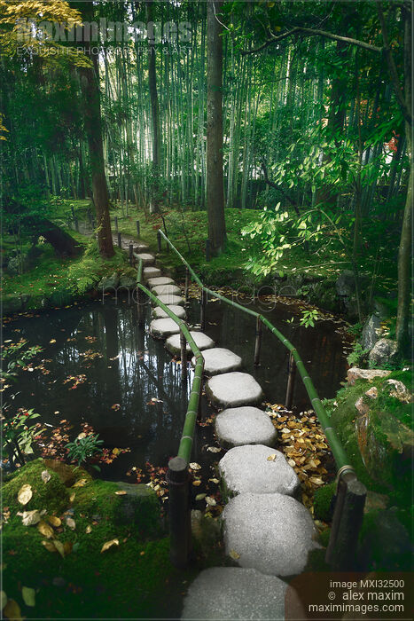 Stepping stones across a pond in a dreamy Japanese Zen garden scenery in Kyoto