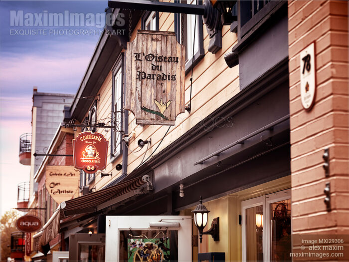 Store signs at Petit Champlain historic street in old Quebec City Canada Stock photo of Store signs at Petit Champlain historic street in old Quebec City Canada Buy commercial use license at MaximImages