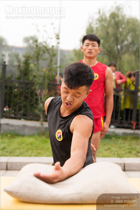 Stock photo of Students of Shaolin martial arts school conditioning their hands Buy commercial use license at MaximImages