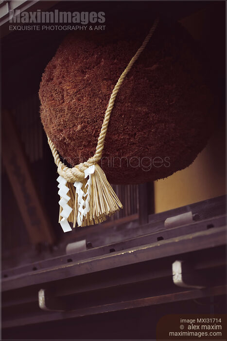 Sugidama cedar ball with Shimenawa rope Shinto symbol tied around it at a sake brewery in Hida-Takayama Japan Stock photo of Sugidama cedar ball with Shimenawa rope Shinto symbol tied around it at a sake brewery in Hida-Takayama Japan Buy commercial use license at MaximImages