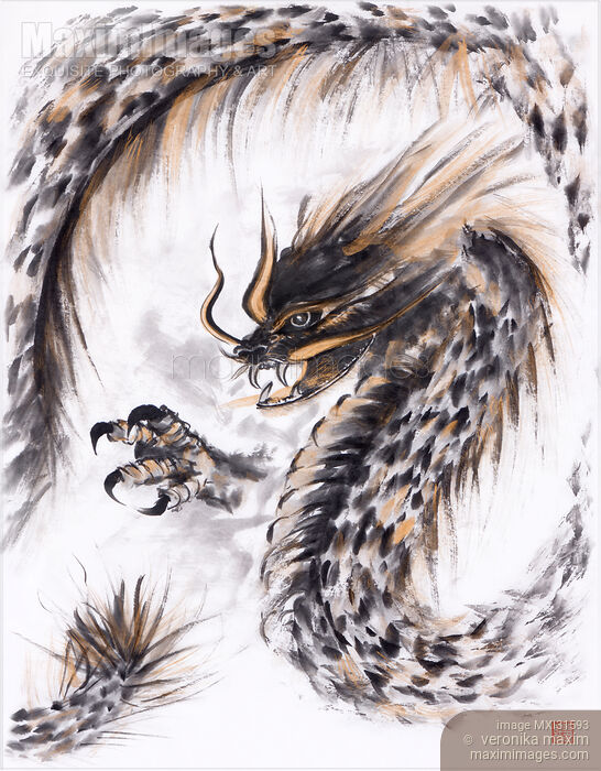 Image of Sumie ink painting closeup of an asian fire dragon black and