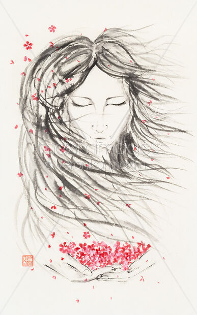 Sumi-e painting of a Beautiful Japanese woman face with long wild hair and sakura flowers in her hands Original Artwork of Sumi-e painting of a Beautiful Japanese woman face with long wild hair and sakura flowers in her hands Buy this Painting at MaximImages