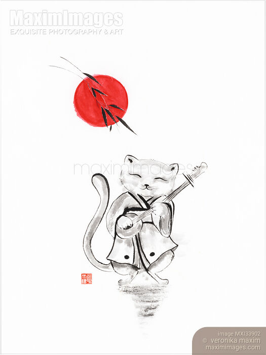 Stock image of Sumi-e painting of a cat walking in kimono playing a stringed musical instrument under red sun Buy commercial use license at MaximImages