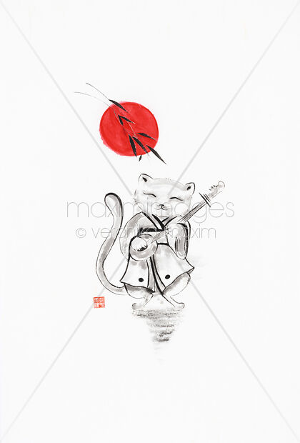 Sumi-e painting of a cat walking in kimono playing a stringed musical instrument under red sun Original Artwork of Sumi-e painting of a cat walking in kimono playing a stringed musical instrument under red sun Buy this Painting at MaximImages