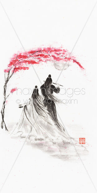 Sumi-e painting of a couple playing music together in full moon under sakura tree blossom Original Artwork of Sumi-e painting of a couple playing music together in full moon under sakura tree blossom Buy this Painting at MaximImages