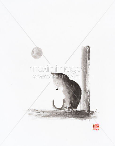 Sumi-e painting of a Cute kitten sitting on the window in the light of the full moon Original Artwork of Sumi-e painting of a Cute kitten sitting on the window in the light of the full moon Buy this Painting at MaximImages
