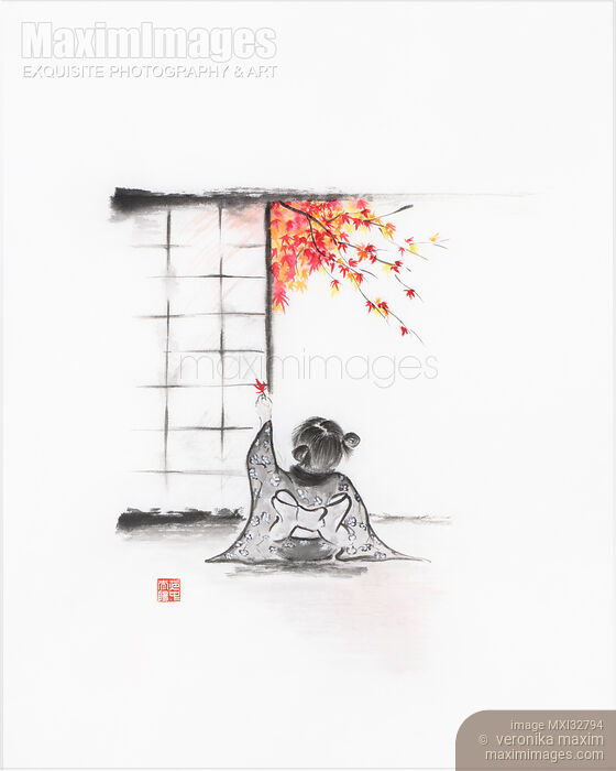 Sumi-e painting of a cute little Japanese girl sitting by the shoji door in autumn with a red maple leaf Stock image of Sumi-e painting of a cute little Japanese girl sitting by the shoji door in autumn with a red maple leaf Buy commercial use license at MaximImages