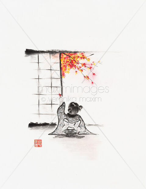 Sumi-e painting of a Cute little Japanese girl sitting by the shoji door in autumn with a red maple leaf Original Artwork of Sumi-e painting of a Cute little Japanese girl sitting by the shoji door in autumn with a red maple leaf Buy this Painting at MaximImages
