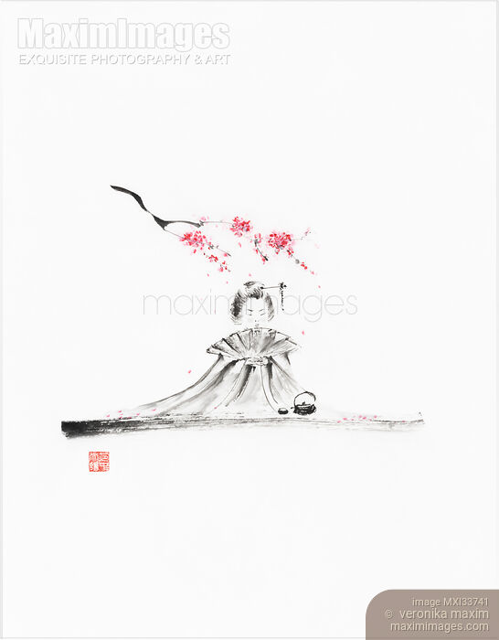 Sumi-e painting of a cute little Japanese girl sitting under plum blossom with a teapot Stock image of Sumi-e painting of a cute little Japanese girl sitting under plum blossom with a teapot Buy commercial use license at MaximImages