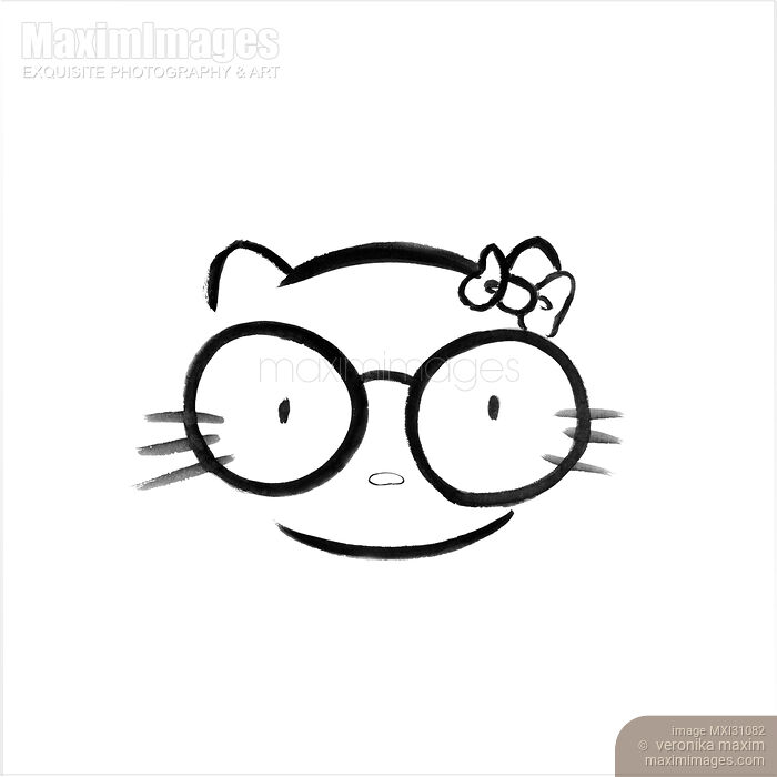 Stock image of Sumi-e painting of a Japanese kawaii nerd kitty Buy commercial use license at MaximImages