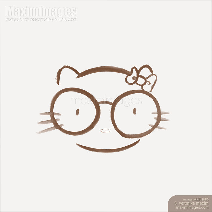 Sumi-e painting of a Japanese kawaii nerd kitty in beige color Stock image of Sumi-e painting of a Japanese kawaii nerd kitty in beige color Buy commercial use license at MaximImages