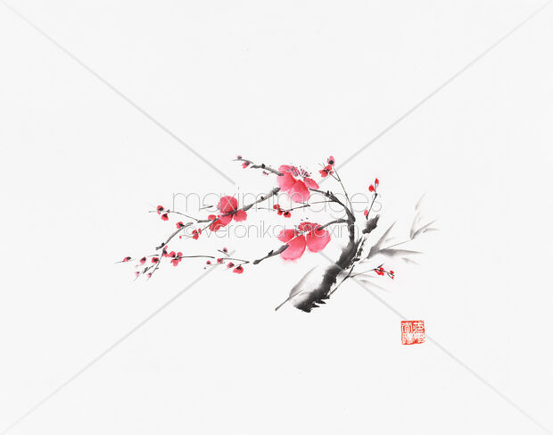 Sumi-e painting of a small plum blossom branch with red flowers Original Artwork of Sumi-e painting of a small plum blossom branch with red flowers Buy this Painting at MaximImages