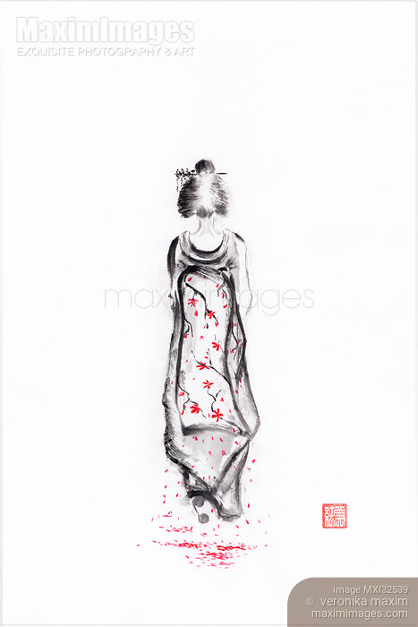 Stock image of Sumi-e painting of a surreal maiko geisha with sakura blossoms walking away Buy commercial use license at MaximImages