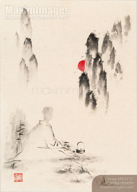 Sumi-e painting of a Zen Buddhist monk meditating at sunset in mountain scenery with a teapot