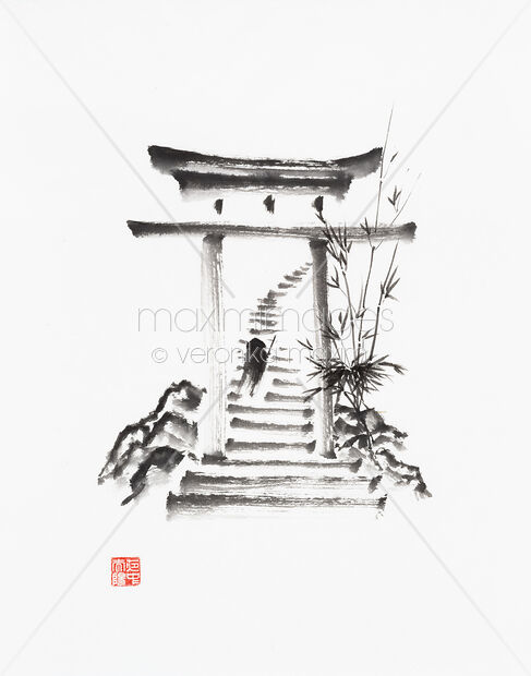 Original Artwork of Sumi-e painting of a Zen Buddhist monk walking up the stairs through a Torii gate Buy this Painting at MaximImages