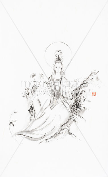 Sumi-e painting of Guanyin 觀音 goddess of mercy and compassion sitting with a scroll in her hand. Kwan Yin, Kannon, Avalokiteśvara. Original Artwork of Sumi-e painting of Guanyin 觀音 goddess of mercy and compassion sitting with a scroll in her hand. Kwan Yin, Kannon, Avalokiteśvara. Buy this Painting at MaximImages