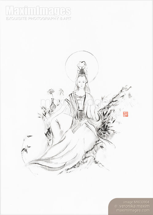 Sumi-e painting of Guanyin goddess of mercy and compassion sitting with a scroll in her hand. Kwan Yin, Kannon, Avalokitesvara. Stock image of Sumi-e painting of Guanyin goddess of mercy and compassion sitting with a scroll in her hand. Kwan Yin, Kannon, Avalokitesvara. Buy commercial use license at MaximImages