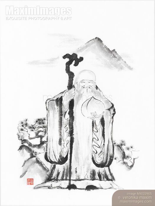 Stock image of Sumi-e painting of Shou Chinese God of Longevity holding peach or gourd symbol of the elixir of life and immortality Buy commercial use license at MaximImages