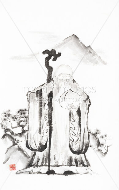 Original Artwork of Sumi-e painting of Shou Chinese God of Longevity holding peach or gourd symbol of the elixir of life and immortality Buy this Painting at MaximImages
