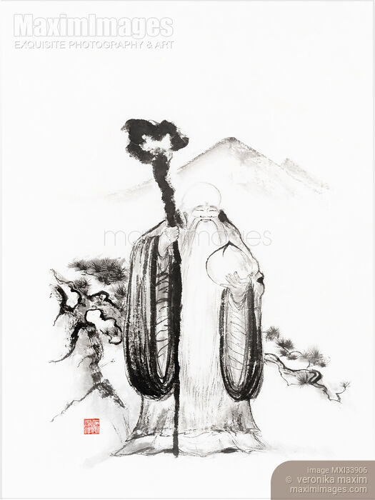 Stock image of Sumi-e painting of Shou Chinese God of Longevity with staff and peach or gourd elixir of life and immortality Buy commercial use license at MaximImages