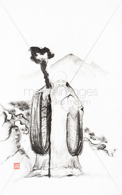 Sumi-e painting of Shou Chinese God of Longevity with staff and peach or gourd elixir of life and immortality Original Artwork of Sumi-e painting of Shou Chinese God of Longevity with staff and peach or gourd elixir of life and immortality Buy this Painting at MaximImages