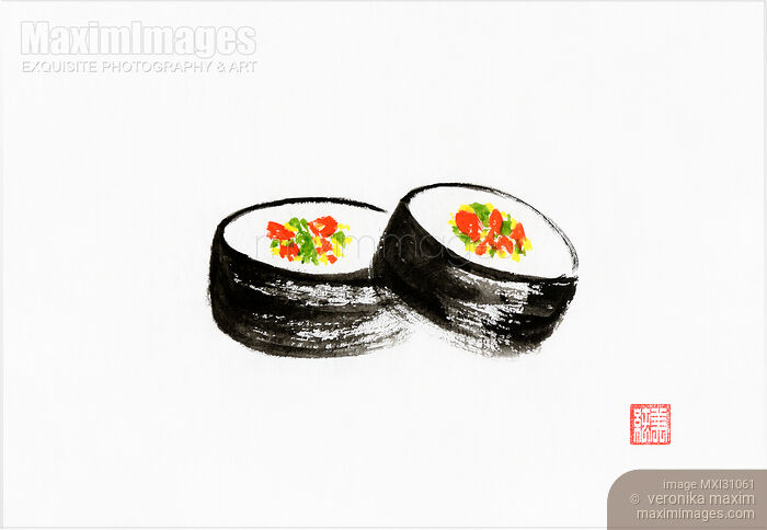 Sumi-e painting of two sushi rolls Stock image of Sumi-e painting of two sushi rolls Buy commercial use license at MaximImages