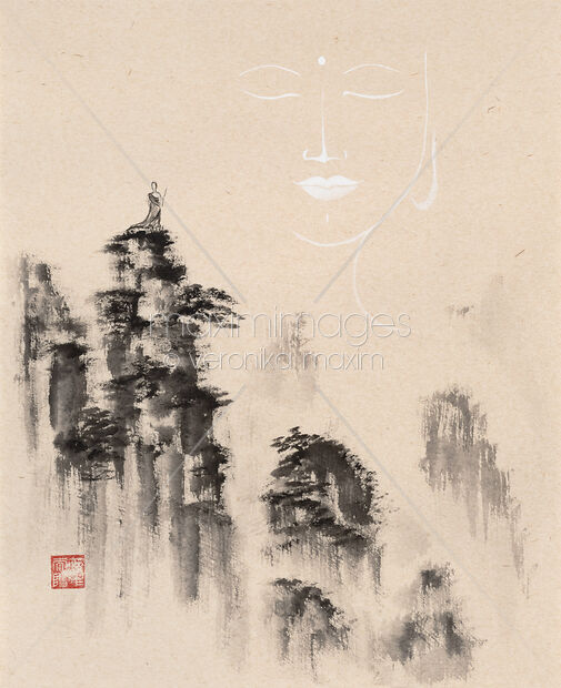 Original Artwork of Sumi-e painting on beige rice paper of a Zen Buddhist monk standing on a mountain peak facing a Buddha face in the sky Buy this Painting at MaximImages