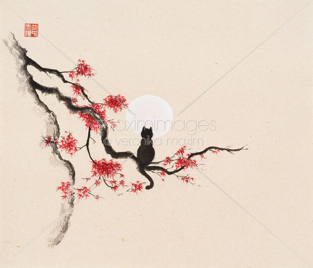 Sumi-e painting on rice paper of a black cat sitting on maple tree with red autumn leaves in full moon Original Artwork of Sumi-e painting on rice paper of a black cat sitting on maple tree with red autumn leaves in full moon Buy this Painting at MaximImages