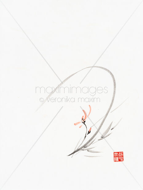 Sumi-e painting on rice paper of a pink orchid flower in dynamic composition Original Artwork of Sumi-e painting on rice paper of a pink orchid flower in dynamic composition Buy this Painting at MaximImages