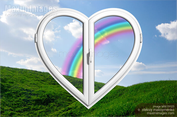 Stock image of Summer Nature Environment Behind a White Heart-Shaped PVC Window Buy commercial use license at MaximImages