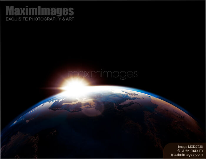 Sun rising from behind planet Earth outline Stock image of Sun rising from behind planet Earth outline Buy commercial use license at MaximImages