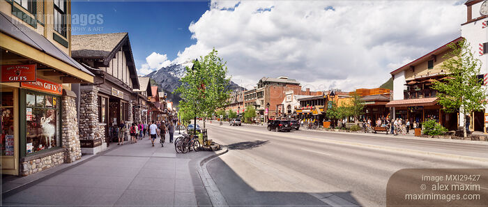 Stock photo of Sunny day summer scenery of Banff Avenue street in the Town of Banff in Alberta Rockies Buy commercial use license at MaximImages