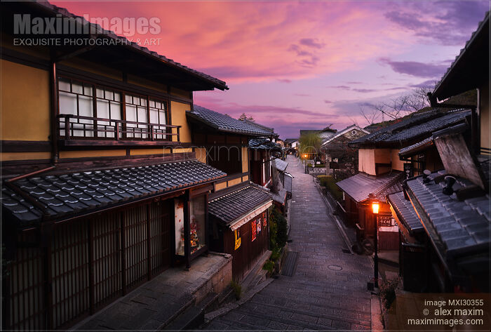 Sunrise scenery of Yasaka dori street in Kyoto empty in the morning with colorful dramatic red purple sky Stock photo of Sunrise scenery of Yasaka dori street in Kyoto empty in the morning with colorful dramatic red purple sky Buy commercial use license at MaximImages