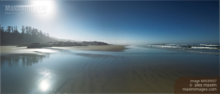 Stock photo of Surreal panoramic scenery of Tofino Pacific Rim National Park sandy ocean beach during low tide in bright summer morning light Buy commercial use license at MaximImages