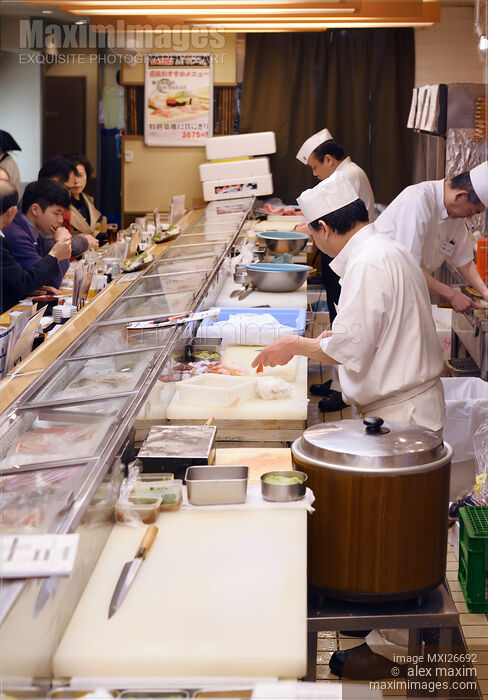 Sushi restaurant cooks Itamae Stock photo of Sushi restaurant cooks Itamae Buy commercial use license at MaximImages