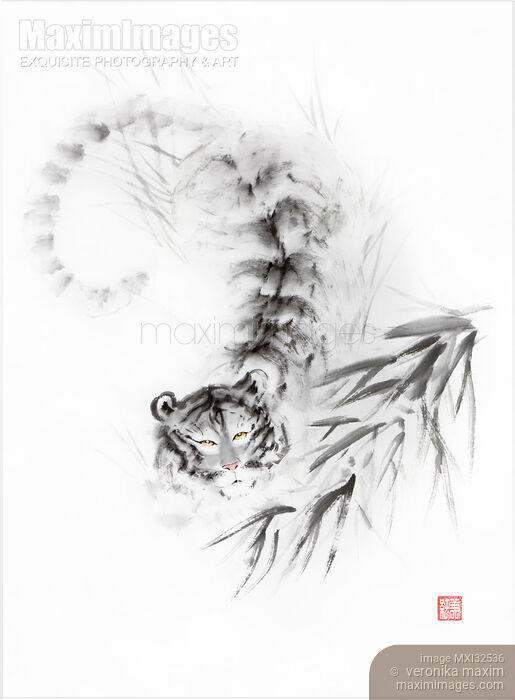 Stock image of Taoist White Tigress wild tiger under bamboo Fine art Sumi-e painting Buy commercial use license at MaximImages