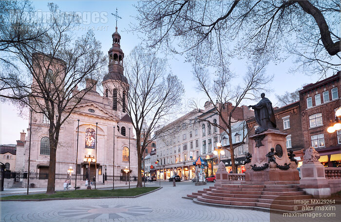 Stock photo of Taschereau Monument in front of Notre-Dame de Quebec Basilica Cathedral Buy commercial use license at MaximImages