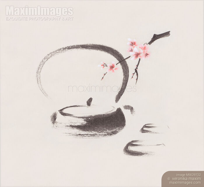 Teapot and sakura blossom Tea ceremony still life Japanese Zen Sumi-e painting Stock image of Teapot and sakura blossom Tea ceremony still life Japanese Zen Sumi-e painting Buy commercial use license at MaximImages