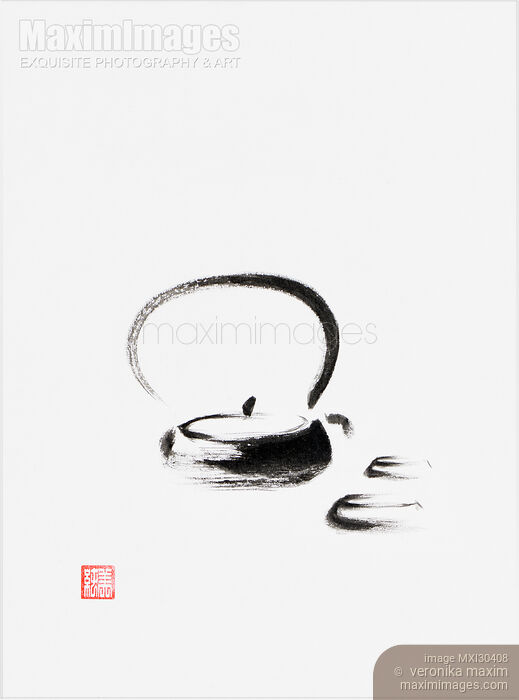 Teapot and two cups Japanese Zen Sumi-e painting on white rice paper Stock image of Teapot and two cups Japanese Zen Sumi-e painting on white rice paper Buy commercial use license at MaximImages