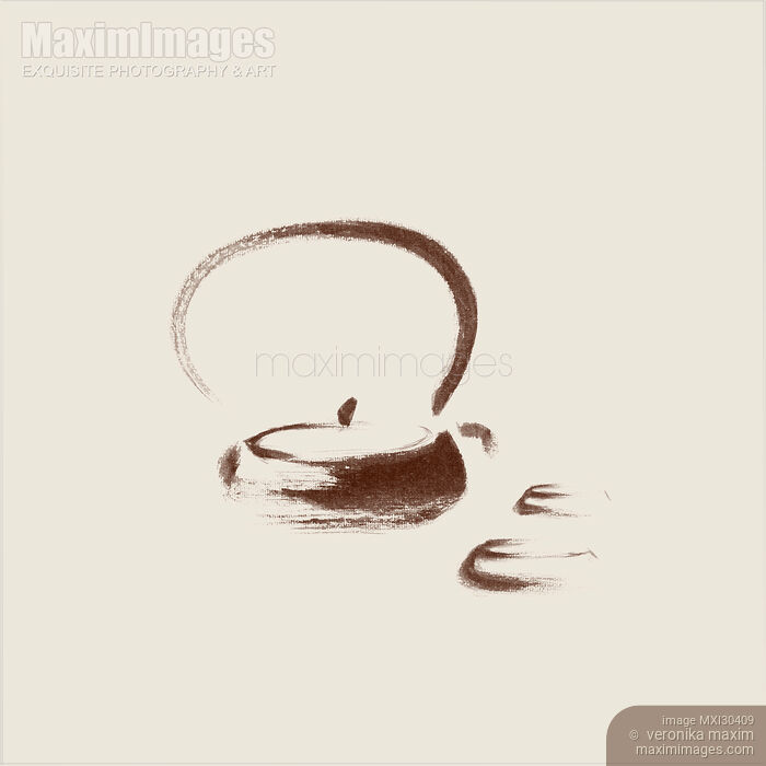 Stock image of Teapot and two cups Zen style Sumi-e artwork brown on beige background Buy commercial use license at MaximImages