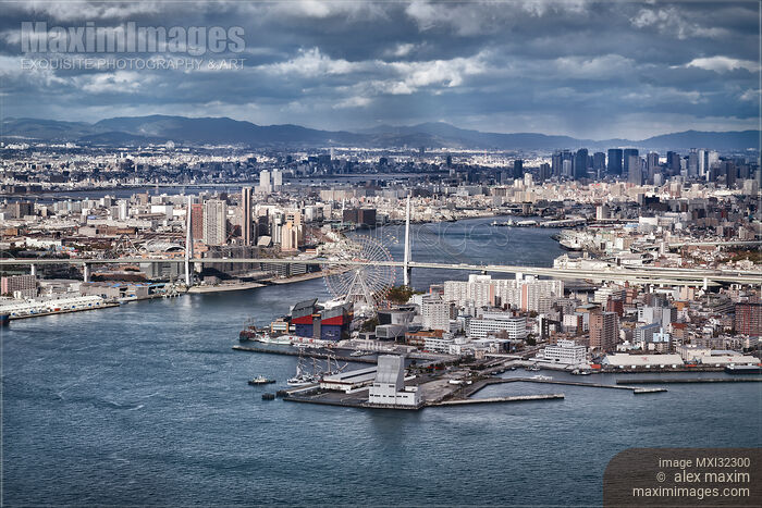 Tempozan bridge over Ajigawa river Osaka city aerial scenery Osaka Bay Minato Japan Stock photo of Tempozan bridge over Ajigawa river Osaka city aerial scenery Osaka Bay Minato Japan Buy commercial use license at MaximImages
