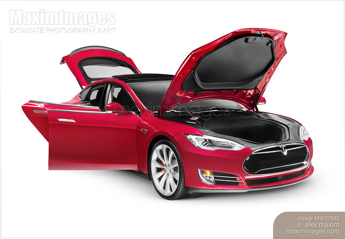 Stock photo of Tesla Model S electric car with open doors and hood Buy commercial use license at MaximImages