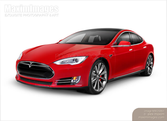Stock photo of Tesla Model S red luxury electric car Buy commercial use license at MaximImages