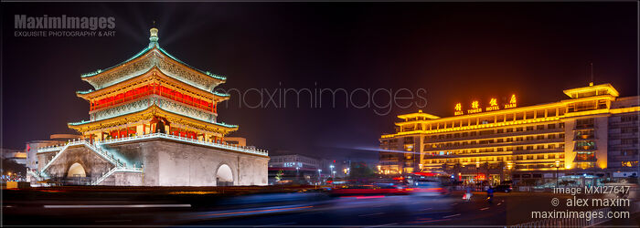 Stock photo of The Bell Tower and Bell tower hotel at night in Xi'an China Buy commercial use license at MaximImages