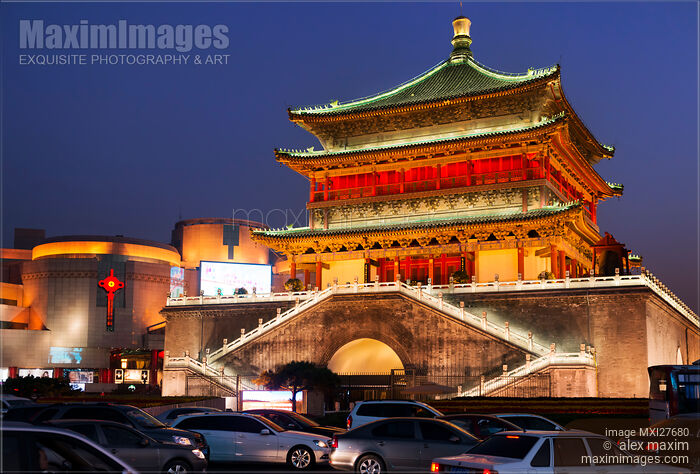 The Bell Tower at dusk in Xi'an China Stock photo of The Bell Tower at dusk in Xi'an China Buy commercial use license at MaximImages