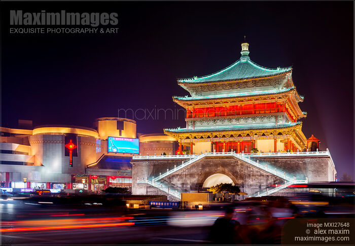 Stock photo of The Bell Tower at night in Xi'an China Buy commercial use license at MaximImages