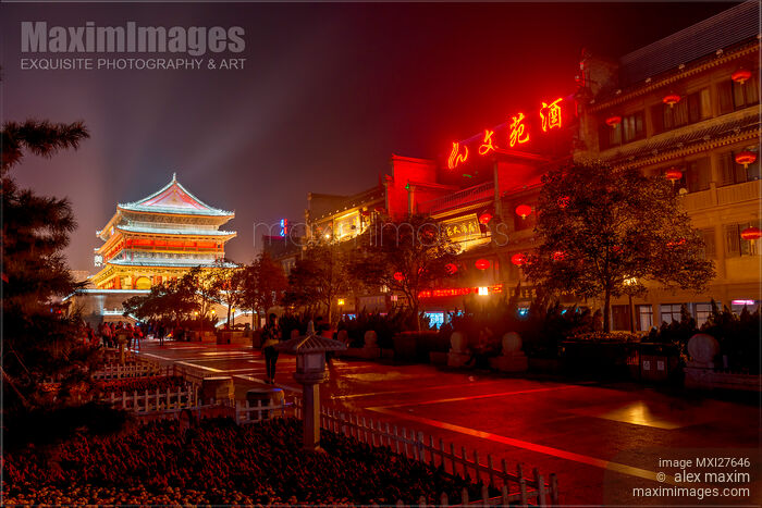 The Drum Tower at night in Xi'an China Stock photo of The Drum Tower at night in Xi'an China Buy commercial use license at MaximImages
