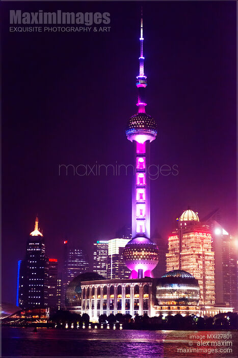 The Oriental Pearl Tower in Lujiazui Shanghai at night Stock photo of The Oriental Pearl Tower in Lujiazui Shanghai at night Buy commercial use license at MaximImages