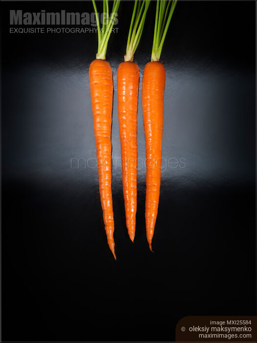 Three orange carrots artistic still life Stock photo of Three orange carrots artistic still life Buy commercial use license at MaximImages