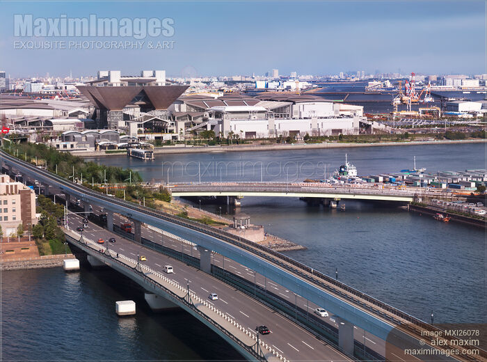 Stock photo of Tokyo Big Sight in Odaiba aerial view Buy commercial use license at MaximImages